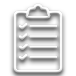 white clipboard with checkmarks and lines icon