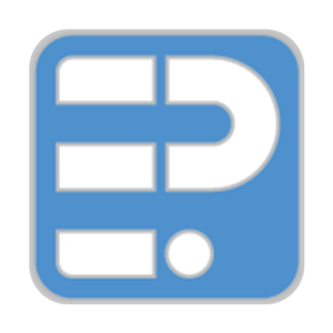 Rounded blue square with grey outline and a white design inside that represent the letters "E" and "P"