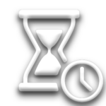 white hourglass icon with small clock icon in the bottom-right corner